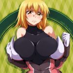  1girl bare_shoulders blonde_hair blush bodysuit breasts brown_eyes cagalli_yula_athha character_name clenched_hand frown green_background gundam gundam_seed hair_between_eyes large_breasts looking_at_viewer orange_eyes runaru short_hair 