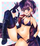  1girl bikini black_legwear blush breasts fate/grand_order fate_(series) gloves hat headphones_removed helena_blavatsky_(fate/grand_order) helena_blavatsky_(swimsuit_archer)_(fate) looking_at_viewer marker_(medium) millipen_(medium) navel ponytail purple_hair short_hair small_breasts smile solo swimsuit thigh-highs traditional_media violet_eyes yuto_takumi 