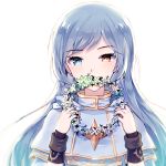  1girl bangs blue_eyes blue_hair blush bright_pupils brown_eyes capelet covering_mouth eyebrows_visible_through_hair eyelashes flower_wreath heterochromia holding long_hair long_sleeves looking_at_viewer maplestory mechuragi parted_bangs shiny shiny_hair solo straight_hair tsurime upper_body wreath wristband 