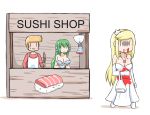  1boy 2girls :d apron bag bangs bare_shoulders blonde_hair blood blood_from_mouth bloody_clothes blush_stickers breasts brown_shirt closed_mouth collarbone comic dress elbow_gloves eyebrows_visible_through_hair food food_stand gloves greenteaneko hair_between_eyes head_fins highres holding holding_knife jewelry knife large_breasts light_brown_hair long_hair long_sleeves medium_breasts mermaid monster_girl multiple_girls open_mouth original pantyhose pendant plastic_bag ring scales shirt silent_comic smile strapless strapless_dress sushi tail turn_pale very_long_hair walking wedding_band wedding_ring white_apron white_background white_dress white_gloves white_legwear |_| 