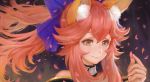  1girl animal_ears blue_ribbon blush bow edward_montenegro fate/extra fate/extra_ccc fate/grand_order fate_(series) fox_ears fox_tail hair_bow hair_ribbon petals pink_hair ribbon solo tail tamamo_(fate)_(all) tamamo_no_mae_(fate) yellow_eyes 
