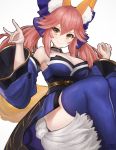  1girl animal_ears blue_legwear blue_ribbon blush bow breasts cleavage detached_sleeves edward_montenegro fate/extra fate/extra_ccc fate/grand_order fate_(series) fox_ears fox_shadow_puppet fox_tail hair_bow hair_ribbon japanese_clothes large_breasts looking_at_viewer pink_hair ribbon simple_background solo tail tamamo_(fate)_(all) tamamo_no_mae_(fate) thigh-highs white_background yellow_eyes 