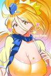 1girl alternate_breast_size blue_hat breasts character_name cleavage closed_mouth cure_etoile earrings erect_nipples garrison_cap hat heart highres hugtto!_precure jewelry kagayaki_homare large_breasts long_hair looking_at_viewer magical_girl orange_eyes orange_hair precure rumo scarf smile solo star star_earrings upper_body 