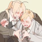  2boys alphonse_elric blonde_hair brothers clenched_hand closed_eyes coat edward_elric eyebrows_visible_through_hair fingernails formal fullmetal_alchemist hands_together happy heart heart_hands male_focus multiple_boys necktie open_mouth p0ckylo ponytail shaded_face shirt short_hair siblings simple_background smile waitscoat white_background white_shirt 