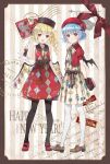  2018 2girls alternate_costume bare_shoulders bat_wings beret black_gloves black_legwear blonde_hair blue_hair bottle bow brown_footwear commentary_request dress drinking_straw ekita_xuan flandre_scarlet gloves happy_new_year hat hat_bow highres looking_at_viewer multiple_girls neck_bow new_year open_mouth puffy_short_sleeves puffy_sleeves red_bow red_eyes red_footwear red_hat red_shirt remilia_scarlet shirt shoes short_hair short_sleeves side_ponytail sleeveless sleeveless_dress smile stamp standing touhou white_gloves white_legwear wings 