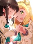  2girls ;d absurdres aqua_neckwear bangs black_hair blonde_hair braid cover cover_page crown_braid doujin_cover hair_ornament hair_rings hairclip hand_holding highres kurosawa_dia long_hair long_sleeves love_live! love_live!_sunshine!! mole mole_under_mouth multiple_girls neckerchief ohara_mari one_eye_closed open_mouth pipette1223 school_uniform serafuku smile tie_clip uranohoshi_school_uniform 