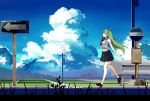  1girl absurdres bangs blue_sky bus_stop clouds cloudy_sky collared_shirt commentary_request day frog_hair_ornament full_body green_eyes green_hair hair_ornament hair_tubes highres inoshin_(inixia1748) kochiya_sanae long_hair outdoors rice_paddy road_sign rural school_uniform shirt sign skirt sky smile snake_hair_ornament solo touhou walking white_shirt 