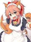  1girl animal_ears apron bell bell_collar bow breasts cat_hair_ornament cat_paws collar fangs fate/extra fate/grand_order fate_(series) fox_ears fox_tail gloves hair_bow hair_ornament hair_ribbon hand_on_hip highres jingle_bell long_hair looking_at_viewer maid_headdress medium_breasts open_mouth paw_gloves paws pink_hair ponytail ribbon simple_background smile solo tail tamamo_(fate)_(all) tamamo_cat_(fate) white_background yellow_eyes 