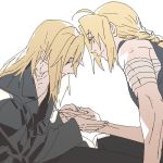  2boys alphonse_elric bandage black_shirt blonde_hair braid brothers coat edward_elric eyebrows_visible_through_hair fullmetal_alchemist hand_holding long_hair looking_at_another looking_down lowres male_focus multiple_boys p0ckylo shirt siblings simple_background sleeveless smile white_background yellow_eyes 