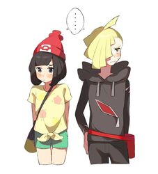  1boy 1girl arms_behind_back bag beanie black_hair blonde_hair blush gladio_(pokemon) green_shorts hair_over_one_eye handbag hat hood hoodie long_sleeves mizuki_(pokemon_sm) pokemon pokemon_(game) pokemon_sm red_hat shirt short_hair short_sleeves shorts simple_background tied_shirt torn_clothes unapoppo white_background 