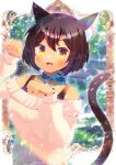  1girl :d animal_ears bangs bare_shoulders bell blue_bow blue_collar blurry blurry_background blush bow breasts brown_eyes brown_hair cat_ears cat_girl cat_tail collar commentary_request depth_of_field eyebrows_visible_through_hair fang hair_between_eyes hands_up jewelry kou_hiyoyo long_sleeves looking_at_viewer medium_breasts neck_bell off-shoulder_sweater off_shoulder open_mouth original paw_pose puffy_long_sleeves puffy_sleeves shirt smile solo sweater tail tail_raised upper_body white_shirt 