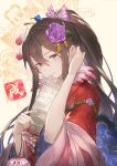  1girl blush brown_hair commentary_request flower granblue_fantasy hair_flower hair_ornament highres japanese_clothes kakage kimono long_hair looking_at_viewer nail_polish ponytail rosetta_(granblue_fantasy) smile solo violet_eyes 