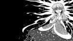  1girl bangs black_background capelet clenched_teeth commentary_request cowboy_shot eyebrows_visible_through_hair greyscale hand_up highres looking_at_viewer mizuhashi_parsee monochrome pointy_ears short_hair skirt solo sunatoshi teeth touhou 
