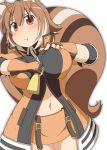  1girl absurdres animal_ears belt blazblue blazblue:_chronophantasma blush breasts brown_hair cloak collared_jacket fitting hand_on_own_chest highres jacket large_breasts makoto_nanaya mirano multicolored_hair navel orange_jacket orange_skirt pout red_eyes short_hair skirt sleeves solo squirrel_ears squirrel_tail tail undersized_clothes white_background white_hair zipper 