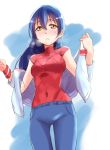  10s 1girl bangs blue_hair blue_pants commentary_request cowboy_shot hair_between_eyes jacket long_hair love_live! love_live!_school_idol_project navel open_clothes open_jacket pants red_shirt shirt short_sleeves simple_background solo sonoda_umi standing sweat track_jacket undressing urutsu_sahari wristband yellow_eyes 