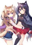  2girls animal_ears bandage bandaged_arm black_hair blonde_hair breasts cat_ears cat_tail fingerless_gloves gloves hand_holding highres jacket long_hair looking_at_viewer looking_back medium_breasts midriff miyaa_mia miyaa_rao multiple_girls navel one_eye_closed one_side_up open_clothes open_jacket original scarf shorts simple_background single_thighhigh smile tail teeth thigh-highs violet_eyes yatsuki_yura 