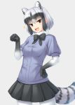  1girl 2017 :3 :d animal_ears black_hair black_neckwear black_skirt blue_shirt breasts brown_eyes clenched_hand common_raccoon_(kemono_friends) dated eyebrows_visible_through_hair fang fur_collar grey_background grey_legwear hair_between_eyes hand_on_hip head_tilt kemono_friends looking_at_viewer medium_breasts miyai_sen multicolored_hair number open_mouth pantyhose pleated_skirt puffy_short_sleeves puffy_sleeves raccoon_ears raccoon_tail shirt short_hair short_sleeves silver_hair skirt smile solo sparkle striped_tail tail white_hair 