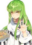  1girl bangs blush breasts c.c. code_geass covered_navel creayus eyebrows_visible_through_hair fingernails green_hair long_fingernails long_hair long_sleeves looking_at_viewer medium_breasts motion_lines mouth_hold palms pizza_box robe shiny shiny_hair sidelocks simple_background solo spread_fingers tsurime underbust upper_body very_long_hair waving white_background yellow_eyes 