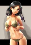  1girl adjusting_clothes adjusting_swimsuit bikini black_hair breasts brown_bikini brown_eyes closed_mouth commentary_request cowboy_shot eyebrows_visible_through_hair katahira_masashi letterboxed long_hair looking_at_viewer medium_breasts navel original smile solo standing swimsuit 