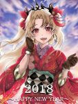  1girl 2018 :d bangs blonde_hair blush brown_gloves commentary_request earrings ereshkigal_(fate/grand_order) fate/grand_order fate_(series) floral_print gloves hair_ornament hair_ribbon happy_new_year highres hoop_earrings japanese_clothes jewelry kimono long_hair looking_at_viewer nengajou new_year obi open_mouth parted_bangs pon_(syugaminp) red_eyes red_ribbon ribbon sash skull sky smile solo tiara two_side_up wide_sleeves 
