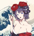  1girl absurdres bare_shoulders blue_eyes blush breasts cleavage fate/grand_order fate_(series) flower hair_flower hair_ornament highres ink japanese_clothes katsushika_hokusai_(fate/grand_order) looking_at_viewer open_mouth pornpojbeatrice purple_hair signature solo 