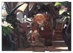 backpack bag blonde_hair book bookmark bookshelf boots bottle closed_eyes flower gloves hat highres indoors knifedragon lyza made_in_abyss multicolored_hair multiple_girls ozen paper pickaxe picking_up shelf smile sunlight tools two-tone_hair vase whistle window 