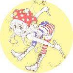  1girl adapted_costume alternate_legwear american_flag_legwear bent_over boots circle clownpiece cross-laced_footwear dra fairy_wings grin hat jester_cap lace-up_boots long_hair looking_at_viewer polka_dot short_shorts shorts smile solo teeth thigh-highs torch touhou wings 