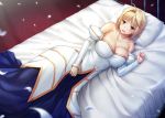  1girl 2017 :d antenna_hair arcueid_brunestud bare_shoulders bed blonde_hair blush breasts cleavage clenched_hand collarbone dated detached_sleeves dress eyebrows_visible_through_hair from_above large_breasts long_sleeves lying miyai_sen number on_bed on_side open_mouth petals pillow red_eyes short_hair smile solo tsukihime 
