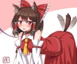  1girl afterimage animal_ears ascot bangs bent_over blush bow brown_hair collar detached_sleeves dog_ears dog_tail eyebrows_visible_through_hair hair_bow hair_tubes hakurei_reimu kemonomimi_mode leash looking_at_viewer multicolored multicolored_background open_mouth red_bow red_eyes red_skirt shefu short_hair skirt skirt_set solo tail tail_wagging touhou two-tone_background 