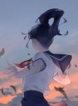  1girl black_hair blue_neckwear blue_skirt blue_sky facing_away from_behind highres long_hair necktie original outdoors outstretched_arms pleated_skirt ponytail red_neckwear shirt short_sleeves skirt sky solo sousou_(sousouworks) spread_arms standing sunset upper_body white_shirt 