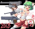  1girl 2018 :d animal_ears bandage bandaged_arm bangs bare_shoulders blush budget_sarashi cat_ears cat_tail choker fang green_eyes green_hair gun hase_yu hip_vent holding holding_gun holding_weapon looking_at_viewer navel no_panties nose_blush open_mouth original outstretched_arms ribbon-trimmed_sleeves ribbon_trim sarashi short_hair single_detached_sleeve smile solo strap_slip tail tareme thigh-highs translation_request two-tone_background v-shaped_eyebrows weapon weapon_request white_legwear 