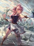  1girl armlet armor bangs boots clouds cloudy_sky commentary_request company_connection copyright_name cross-laced_footwear cuboon dress eyebrows_visible_through_hair fingerless_gloves fire_emblem fire_emblem:_seima_no_kouseki fire_emblem_cipher gloves helmet holding holding_sword holding_weapon knee_boots lace-up_boots lips long_hair marica_(fire_emblem) multiple_boys official_art outdoors ponytail purple_hair sheath short_dress sky sleeveless sword thigh_strap violet_eyes weapon 