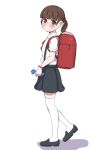  1girl absurdres backpack bag bangs black_footwear black_skirt blunt_bangs blush bracelet brown_hair closed_mouth eyebrows_visible_through_hair from_side full_body glasses head_tilt highres holding jewelry loafers looking_at_viewer looking_to_the_side original pleated_skirt randoseru red_eyes school_uniform shirt shoes short_sleeves skirt smile solo suspender_skirt suspenders thigh-highs toy_box-r twintails walking white_background white_legwear white_shirt 