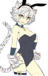  1girl animal_ears animal_print breasts cat_ears collar covered_navel flower_knight_girl gloves hand_on_hip kida_kuro_mu large_breasts looking_at_viewer open_mouth paw_gloves paws short_hair silver_hair simple_background single_thighhigh smile solo tail thigh-highs tiger_print tiger_tail white_background yellow_eyes yukinoshita_(flower_knight_girl) 