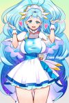  1girl :d alternate_breast_size blue_eyes blue_hair breasts character_name cowboy_shot cure_ange dress earrings hair_ornament hair_tousle head_wings heart highres hugtto!_precure jewelry large_breasts long_hair looking_at_viewer magical_girl open_mouth precure rumo smile solo taut_clothes thigh_gap very_long_hair white_dress wrist_cuffs yakushiji_saaya 