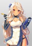  1girl ahoge azur_lane bare_shoulders breasts brooklyn_(azur_lane) character_request cleavage clipboard dark_skin detached_sleeves hair_ribbon long_hair looking_at_viewer medium_breasts parted_lips pensuke red_eyes smile solo white_hair 