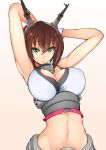  1girl armpits arms_behind_head arms_up breasts brown_hair cleavage collar gloves green_eyes hair_between_eyes headgear kantai_collection large_breasts looking_at_viewer metal_belt midriff mutsu_(kantai_collection) nac000 navel pink_background short_hair simple_background solo upper_body white_gloves 