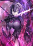  1girl :p armor armored_dress aura breasts cape commentary_request eyebrows_visible_through_hair fate/grand_order fate_(series) fumikiri gloves headpiece highres holding holding_sword holding_weapon jeanne_d&#039;arc_(alter)_(fate) jeanne_d&#039;arc_(fate)_(all) large_breasts licking licking_weapon looking_at_viewer pale_skin short_hair silver_hair smile solo standing sword tongue tongue_out torn_cape underbust v-shaped_eyebrows weapon 