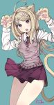  1girl ahoge akamatsu_kaede animal_ears blonde_hair blush breasts cat_ears cat_tail cleavage dangan_ronpa fang gloves hair_ornament hairclip highres long_hair looking_at_viewer medium_breasts musical_note_hair_ornament new_dangan_ronpa_v3 open_mouth paw_gloves paws pleated_skirt skirt solo ssumbi sweater_vest tail violet_eyes 