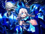  1boy 1girl :d black_coat blue blue_eyes ciel_(elsword) demonio_(elsword) diabla_(elsword) elsword gloves hair_over_one_eye horns legacy_zechs long_hair looking_at_viewer luciela_r._sourcream mask navel open_mouth skin_tight smile white_hair 