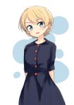  1girl absurdres arms_behind_back bangs barashiya blonde_hair blue_eyes braid casual commentary_request cowboy_shot darjeeling dress eyebrows_visible_through_hair girls_und_panzer head_tilt highres light_blush looking_at_viewer medium_dress navy_blue_dress open_mouth short_hair short_sleeves smile solo standing tied_hair twin_braids white_background 