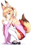  1girl :3 animal_ears bangs bell black_footwear blonde_hair blue_eyes blush bow breasts closed_mouth commentary_request detached_sleeves eyebrows_visible_through_hair fingernails fox_ears fox_girl fox_shadow_puppet fox_tail full_body hair_bell hair_ornament hair_ribbon jingle_bell kemomimi_vr_channel long_hair long_sleeves looking_at_viewer looking_to_the_side medium_breasts mikoko_(kemomimi_vr_channel) pleated_skirt red_bow red_ribbon red_skirt ribbon ribbon-trimmed_legwear ribbon_trim shiero. sideboob skirt solo squatting tabi tail thigh-highs twintails white_background white_legwear wide_sleeves zouri 