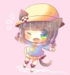  1girl ;d animal_ears azur_lane bangs bell blue_shirt blunt_bangs blush bow brown_hair cat_ears cat_girl cat_tail chibi ears_through_headwear eyebrows_visible_through_hair fang full_body green_eyes hair_bow hat jingle_bell kindergarten_uniform kouu_hiyoyo long_sleeves looking_at_viewer mutsuki_(azur_lane) neckerchief one_eye_closed open_mouth outstretched_arms pink_background pink_bow pleated_skirt school_hat shirt short_twintails simple_background skirt smile socks solo spread_arms standing standing_on_one_leg tail twintails twitter_username white_legwear yellow_hat yellow_neckwear yellow_skirt 