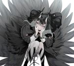  1girl commentary_request crying dress feathers grey_dress hands_on_own_face hands_up highres horns long_hair long_sleeves looking_at_viewer ohisashiburi original pantyhose pointy_ears red_sclera silver_hair solo squatting tears veil white_background white_eyes 