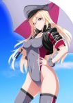  1girl bismarck_(kantai_collection) black_jacket blonde_hair cowboy_shot cropped_jacket grey_legwear grey_leotard grey_swimsuit hand_on_hip hat highleg highleg_leotard highleg_swimsuit highres jacket kantai_collection kurihara_kenshirou leotard long_hair military_hat peaked_cap racequeen smile solo swimsuit thigh-highs umbrella violet_eyes wristband 