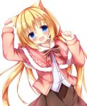  1girl :d animal_ears arm_up bangs black_skirt blonde_hair blue_eyes blush bow brown_bow capelet cat_ears commentary_request dress_shirt eyebrows_visible_through_hair fang fur-trimmed_capelet hair_between_eyes hair_bow hand_up head_tilt jacket kedama_(kedama_akaza) long_hair long_sleeves looking_at_viewer low_twintails open_clothes open_jacket open_mouth original pink_capelet pink_jacket polka_dot polka_dot_bow red_bow shirt simple_background skirt smile solo striped striped_bow twintails very_long_hair white_background white_shirt 