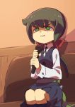  1girl :i blue_legwear blue_skirt blue_vest bow closed_mouth collared_shirt commentary_request constanze_amalie_von_braunschbank-albrechtsberger couch green_eyes green_hair hair_bow highres holding holding_microphone indoors little_witch_academia long_sleeves microphone ponytail pout red_bow shaded_face shirt short_hair sitting skirt socks solo tama vest wing_collar 
