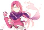  1girl batensan blue_eyes gauntlets gloves hair_ornament hairclip heart heartful_punch kokoro_aichi long_hair looking_at_viewer magical_girl one_eye_closed pink_hair purple_scarf scarf short_sleeves sleepless_domain solo upper_body white_background 