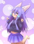  1girl absurdres animal_ears bangs barefoot black_hoodie blue_skirt blush commentary_request eyebrows_visible_through_hair fox_ears hair_between_eyes hair_ornament hands_up head_tilt highres hood hood_down hoodie idaten93 long_hair long_sleeves looking_at_viewer midriff_peek navel original parted_lips pleated_skirt purple_hair sidelocks skirt solo till_(idaten93) very_long_hair violet_eyes x_hair_ornament 