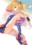  1girl american_flag_legwear ankle_boots azur_lane blonde_hair blue_gloves blue_skirt boots capelet cleveland_(azur_lane) commentary covered_mouth fingerless_gloves floating_hair gloves hair_ornament highres invisible_chair knee_up legs long_hair looking_at_viewer pleated_skirt red_eyes sibyl sitting skirt solo white_capelet 